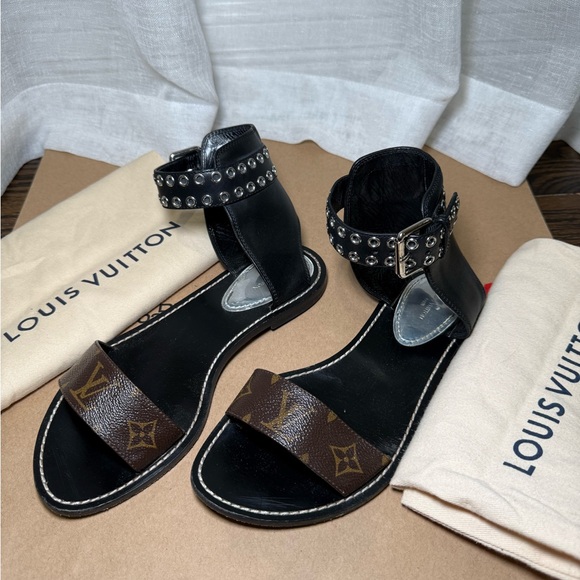 Louis Vuitton Shoes - Louis Vuitton Studded Monogram Flat Sandals Black EU 38